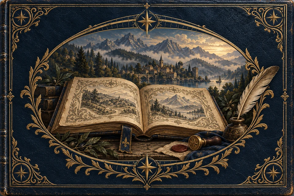 Contador de Histórias — ilustração de fantasia em azul e ouro