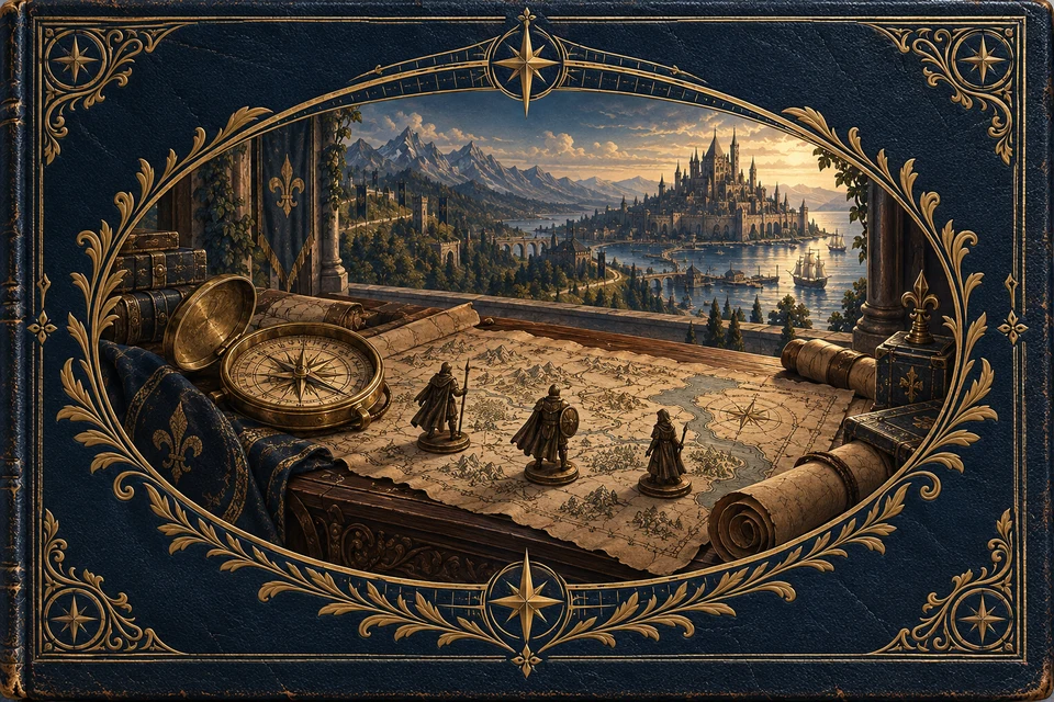 Mestre das Aventuras — ilustração de fantasia em azul e ouro